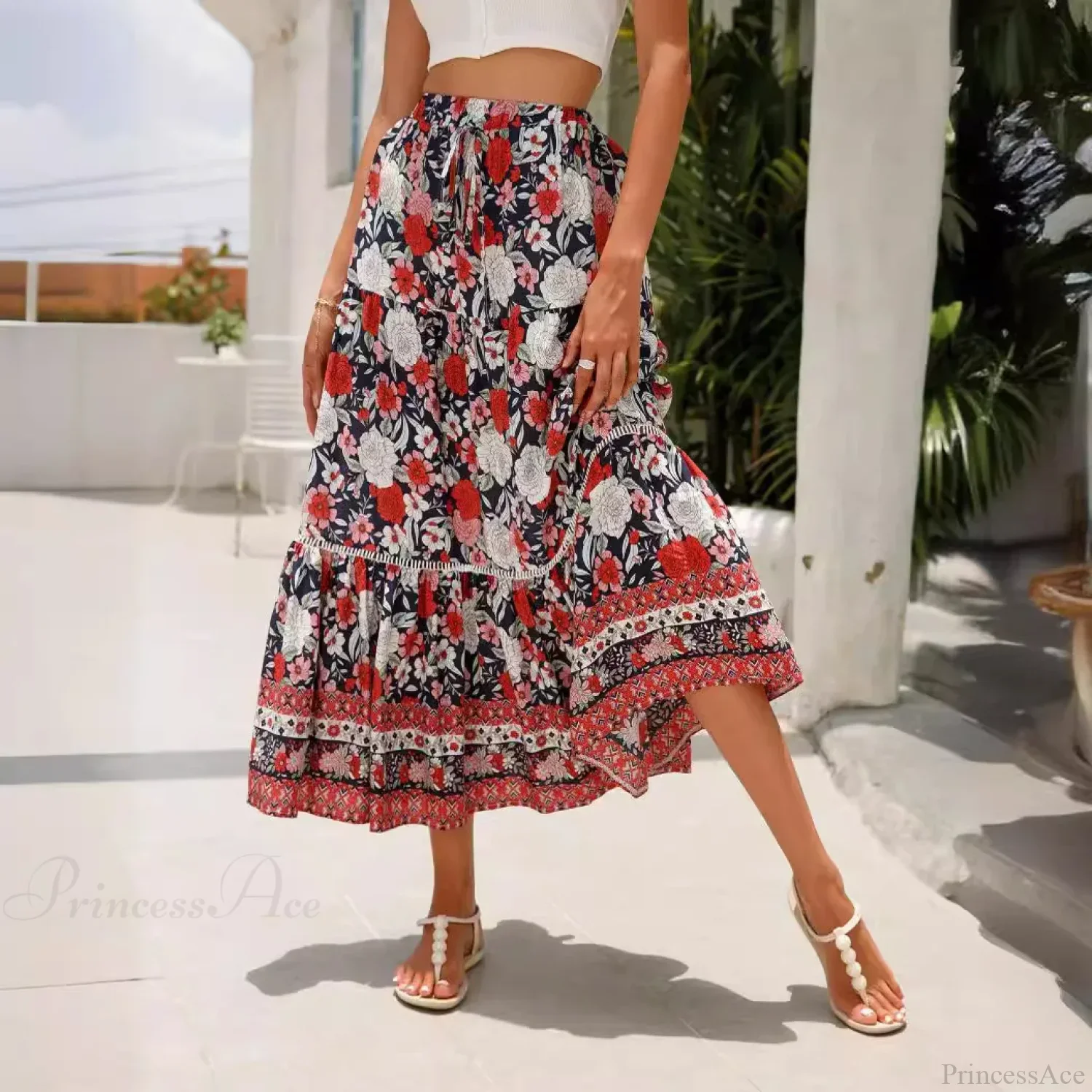 High Waist Floral Beach Skirt A-line Ruffled Lace Holiday Maxi - Image 4
