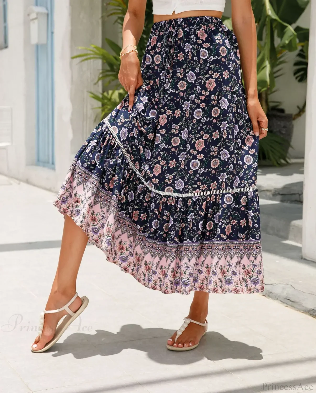 High Waist Floral Beach Skirt A-line Ruffled Lace Holiday Maxi - Image 5