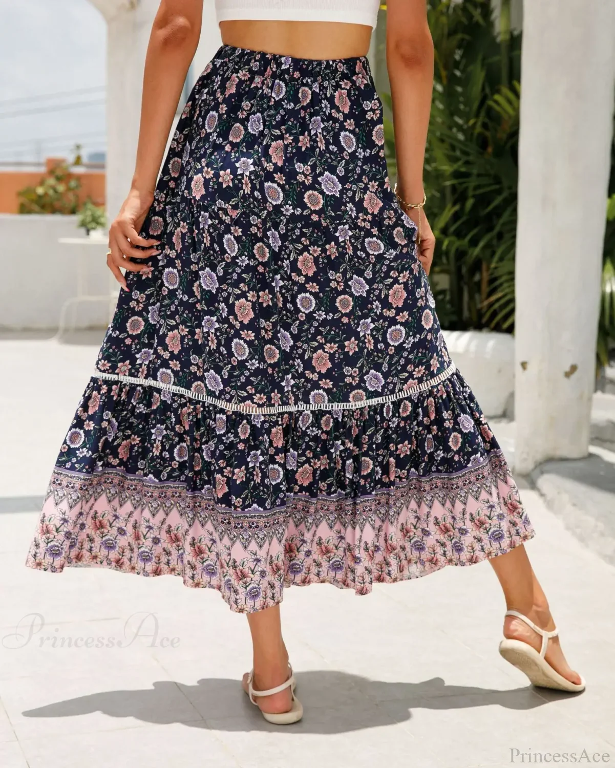 High Waist Floral Beach Skirt A-line Ruffled Lace Holiday Maxi - Image 6