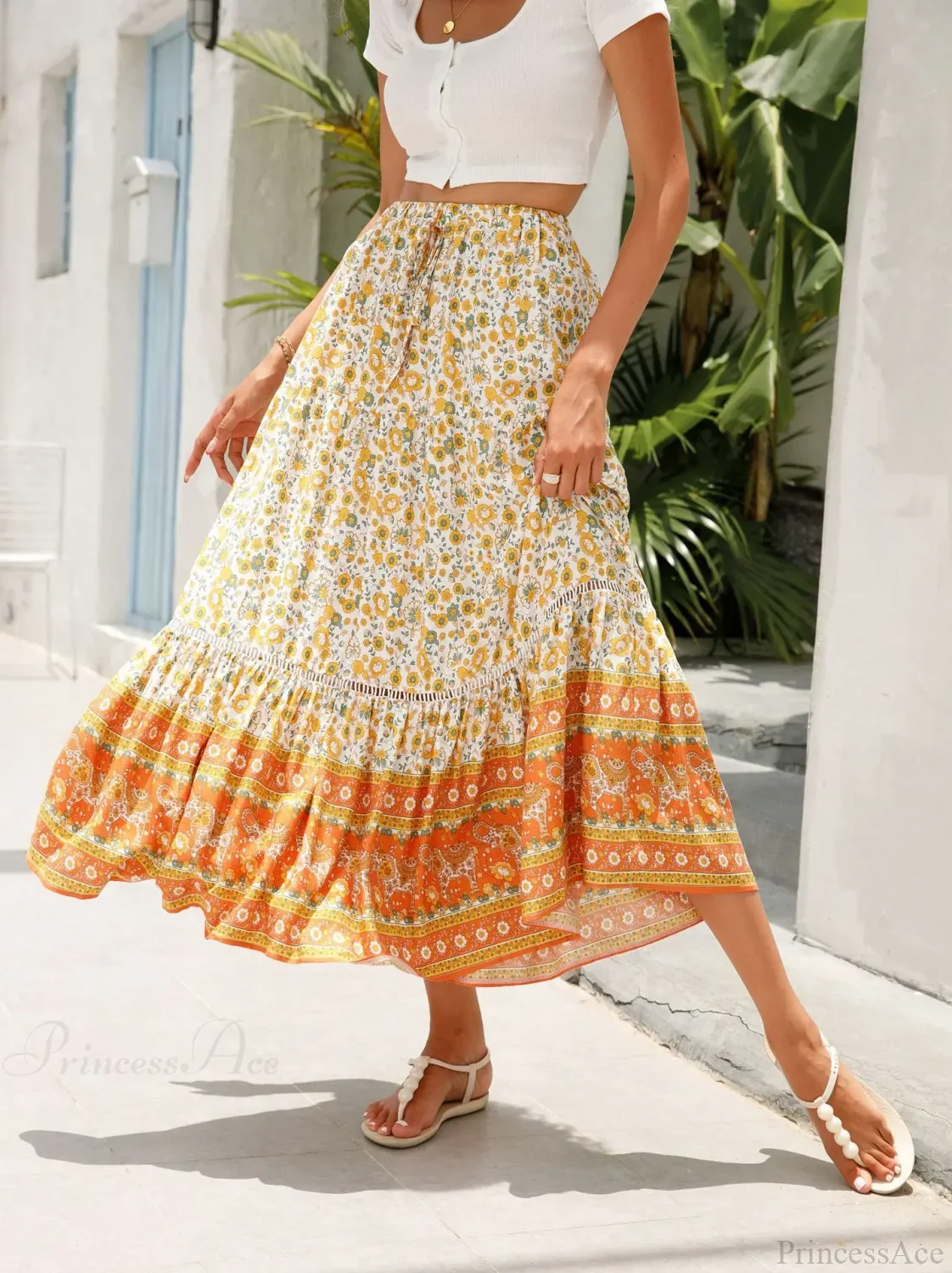 High Waist Floral Beach Skirt A-line Ruffled Lace Holiday Maxi - Image 7