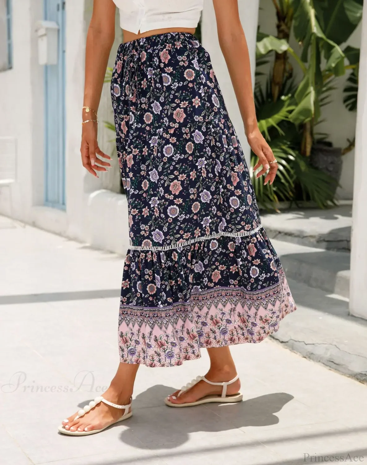 High Waist Floral Beach Skirt A-line Ruffled Lace Holiday Maxi - Image 8