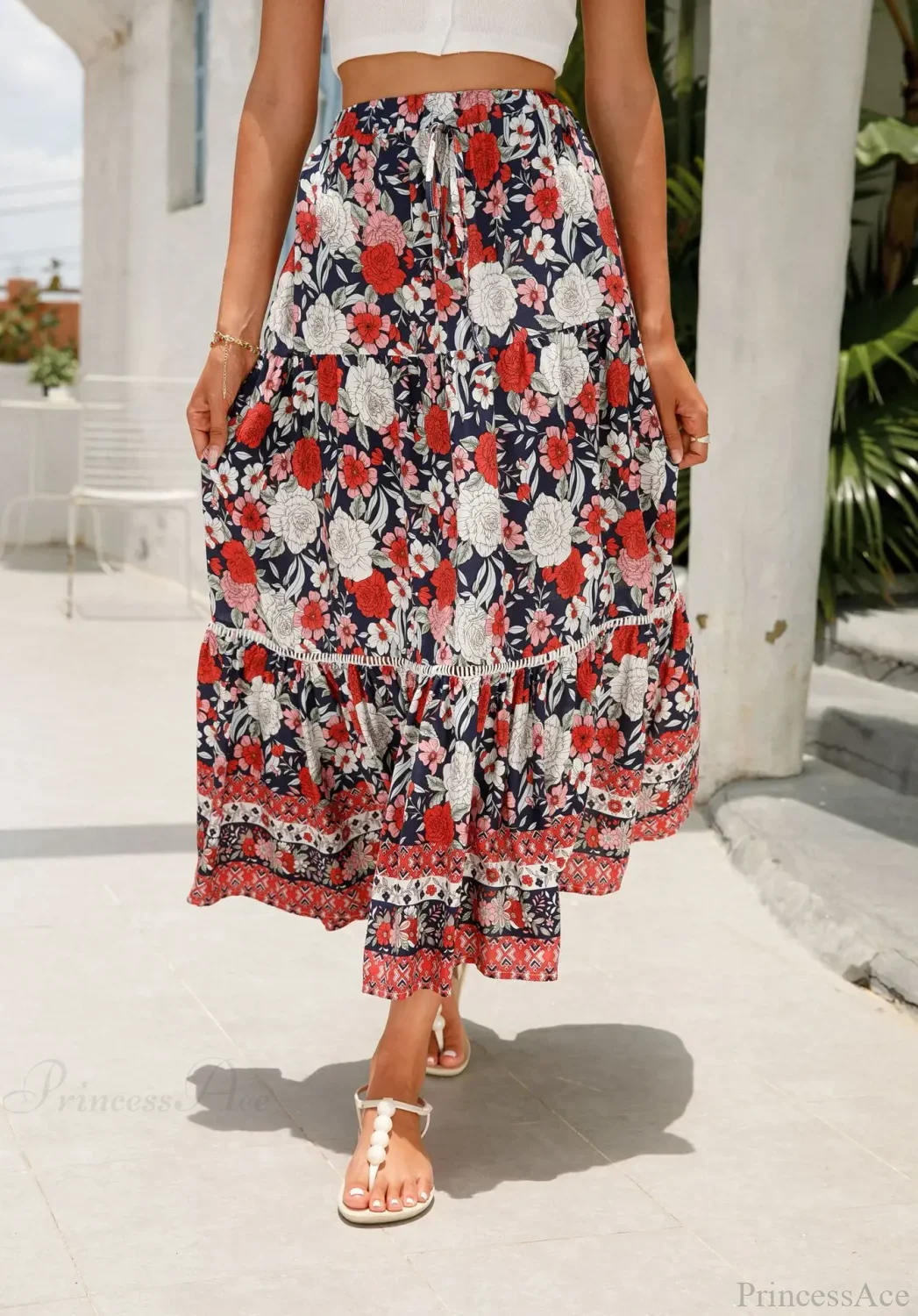 High Waist Floral Beach Skirt A-line Ruffled Lace Holiday Maxi - Image 9