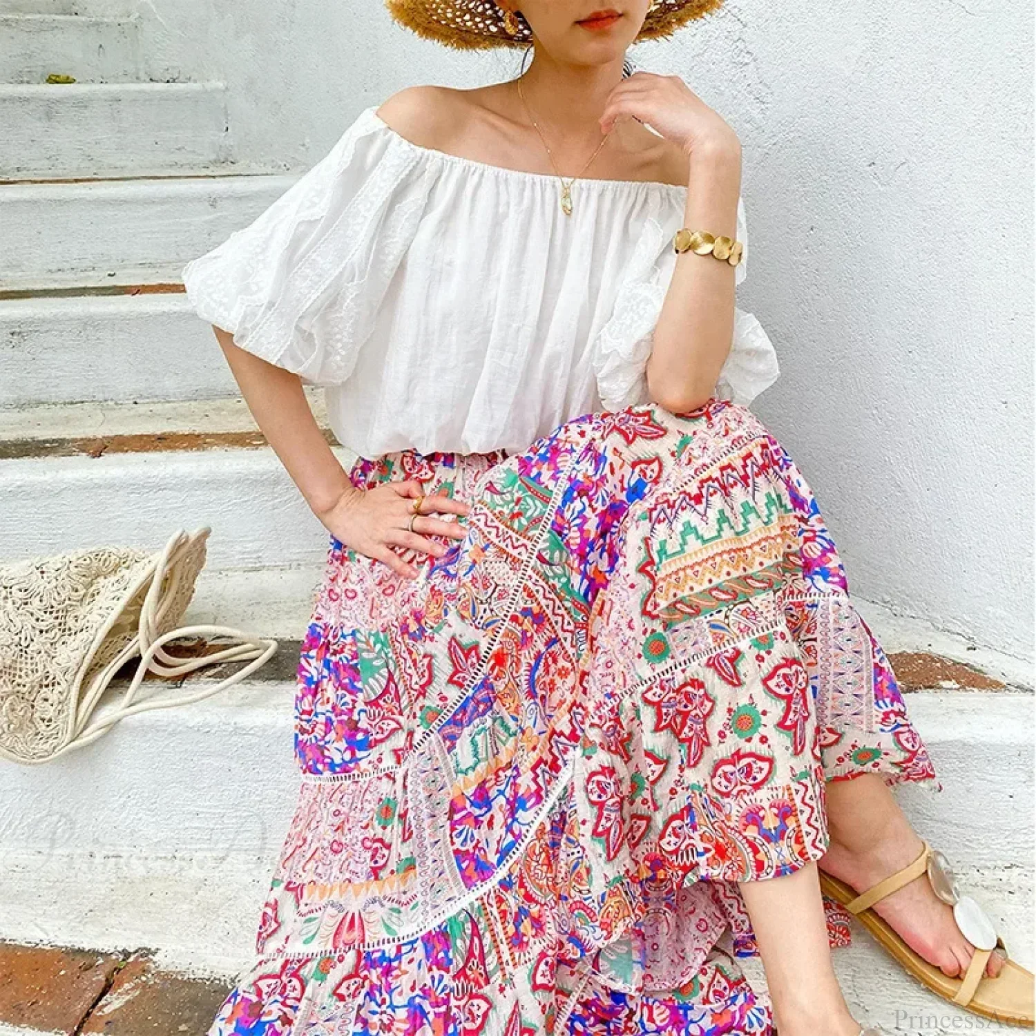 High Waist Floral Beach Skirt Lace Patchwork Chic Cotton Maxi - Image 6