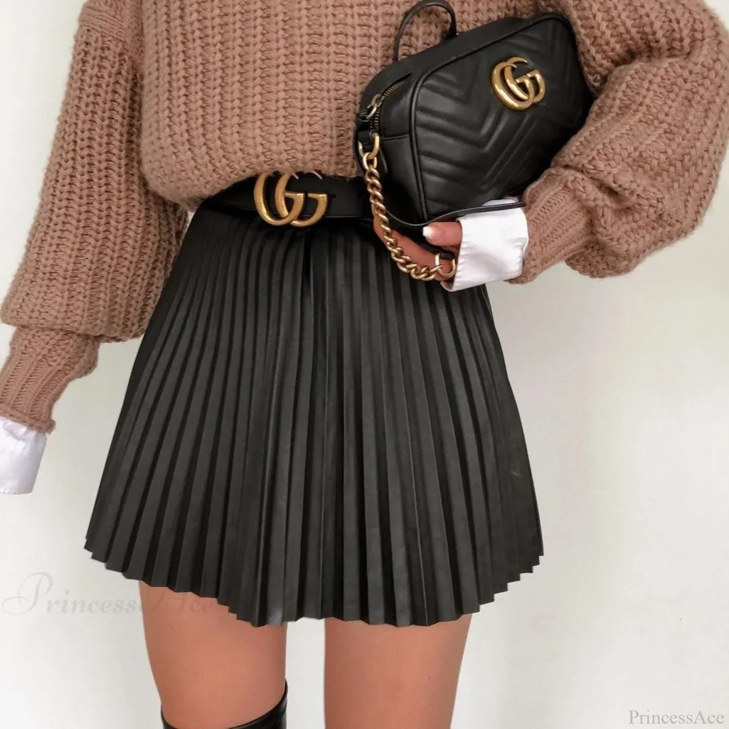 High Waist Pleated Faux Leather Skirt - Image 7