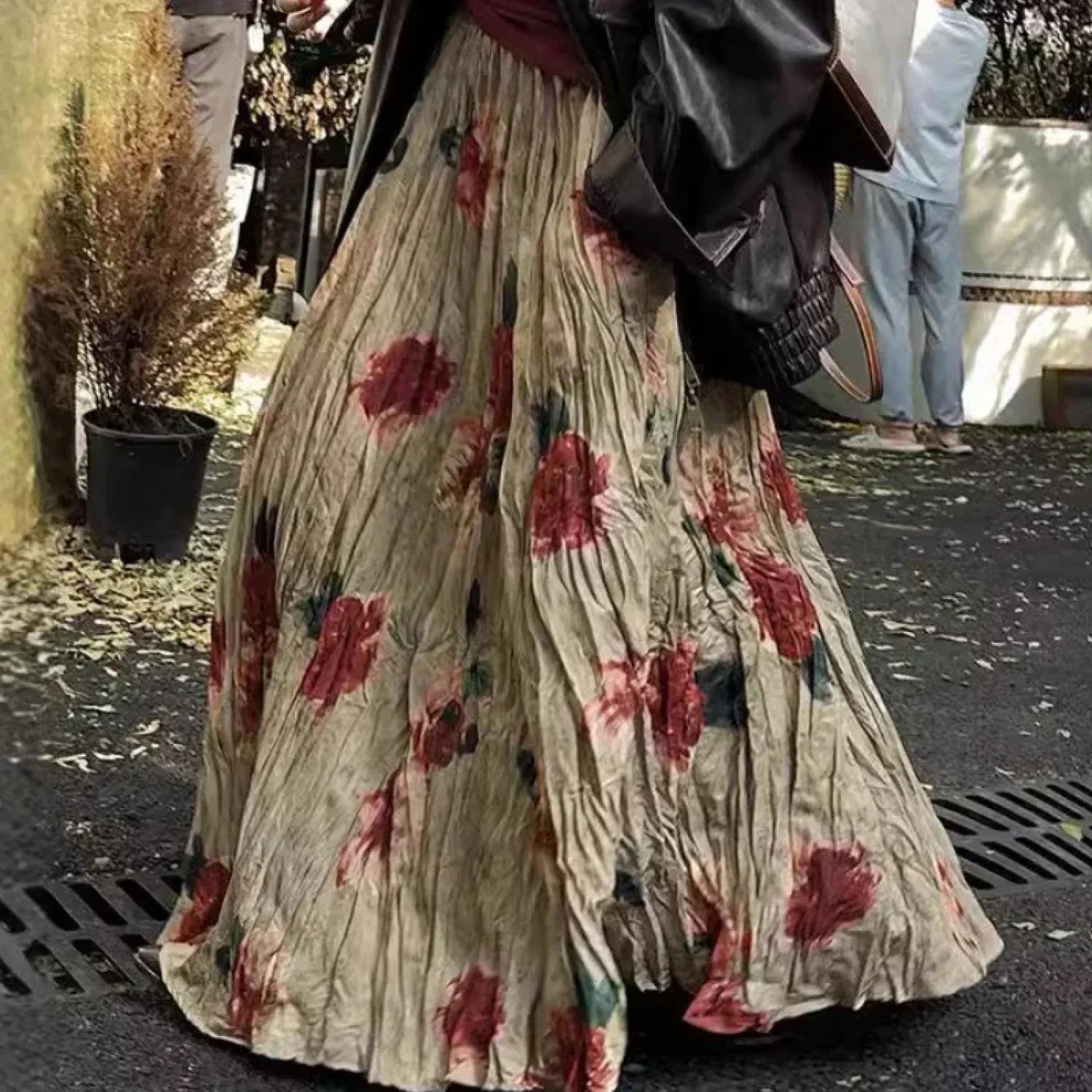 High Waist Rose Pendulum Skirt Boho Draped Pleated Vintage Maxi