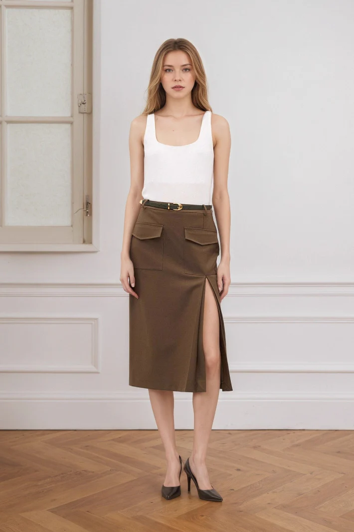 High Waist Split A-Line Midi Skirt - Image 2