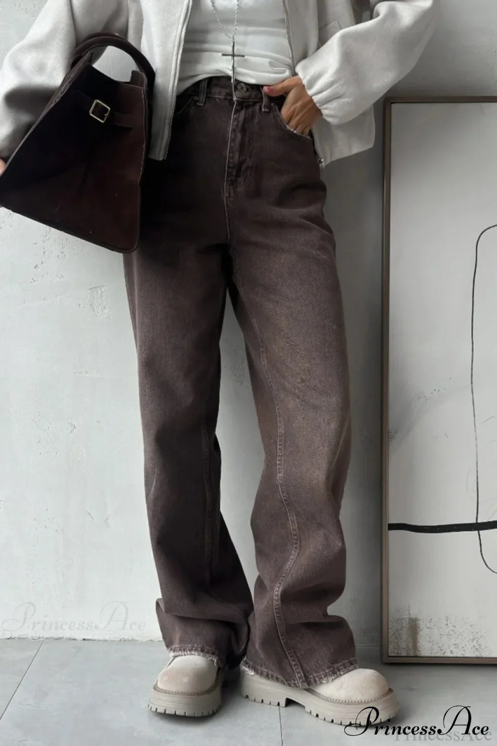 High Waisted Brown Straight Leg Jeans