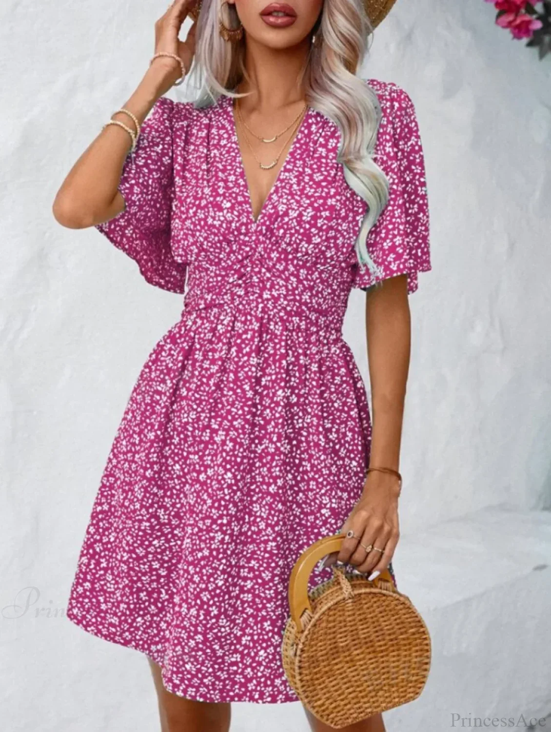High Waisted V-neck Pleated Floral Dress - Image 11