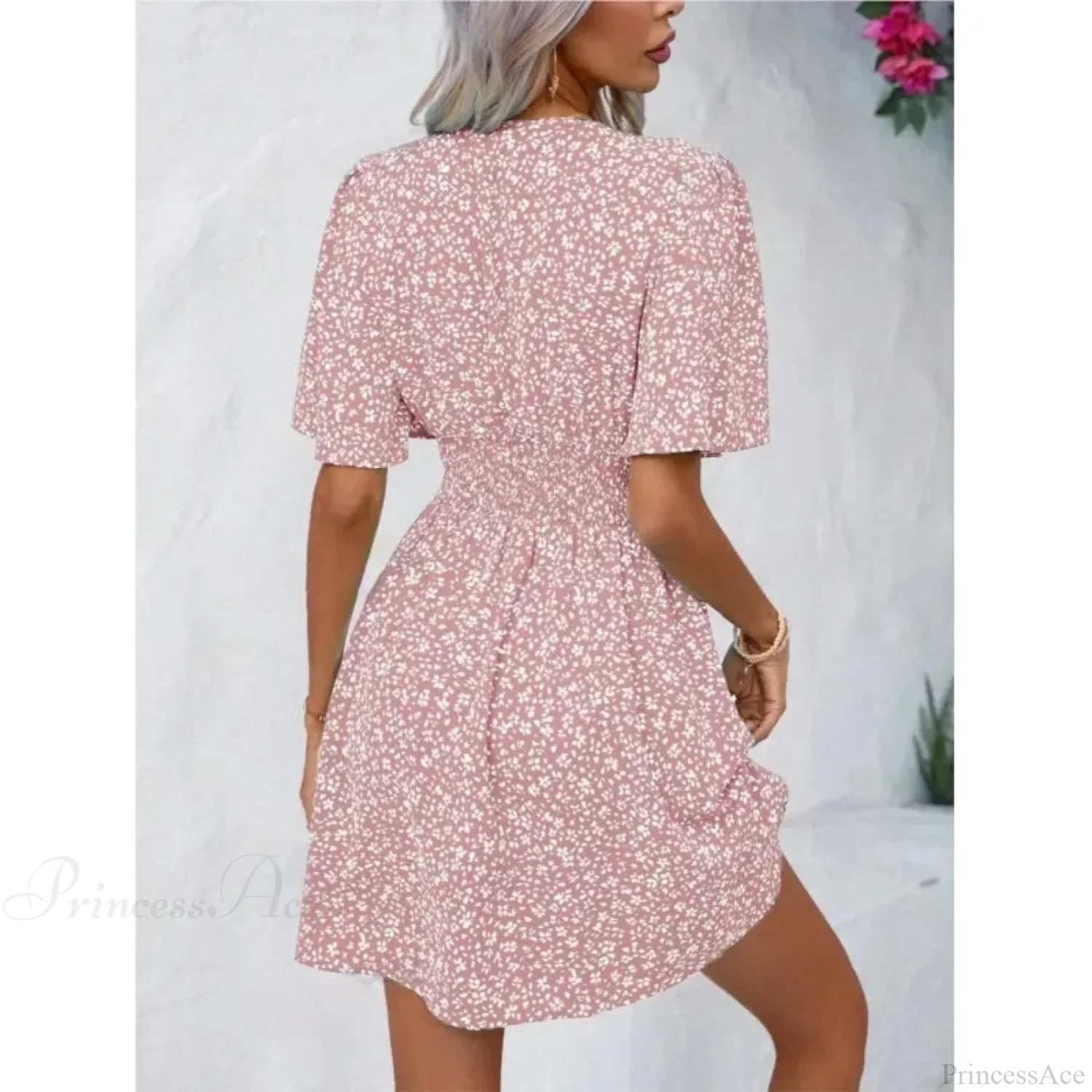 High Waisted V-neck Pleated Floral Dress - Image 5