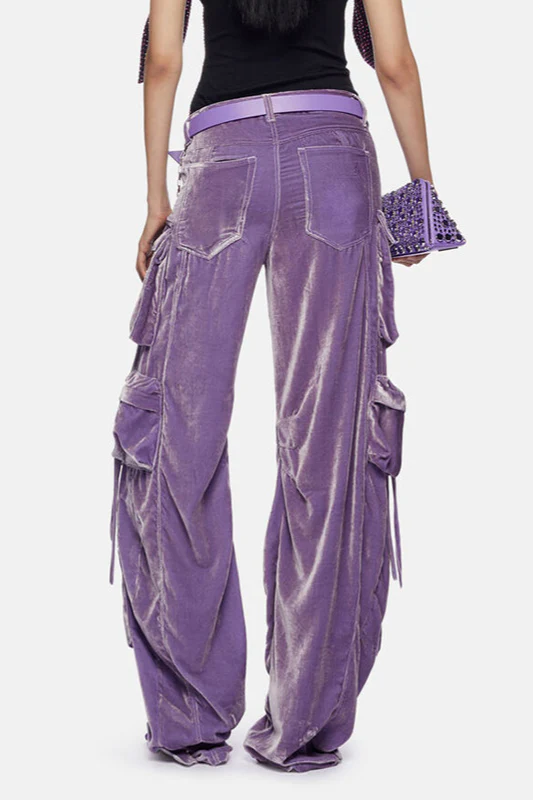 High-Waisted Velvet Straight Cargo Pant - Image 2