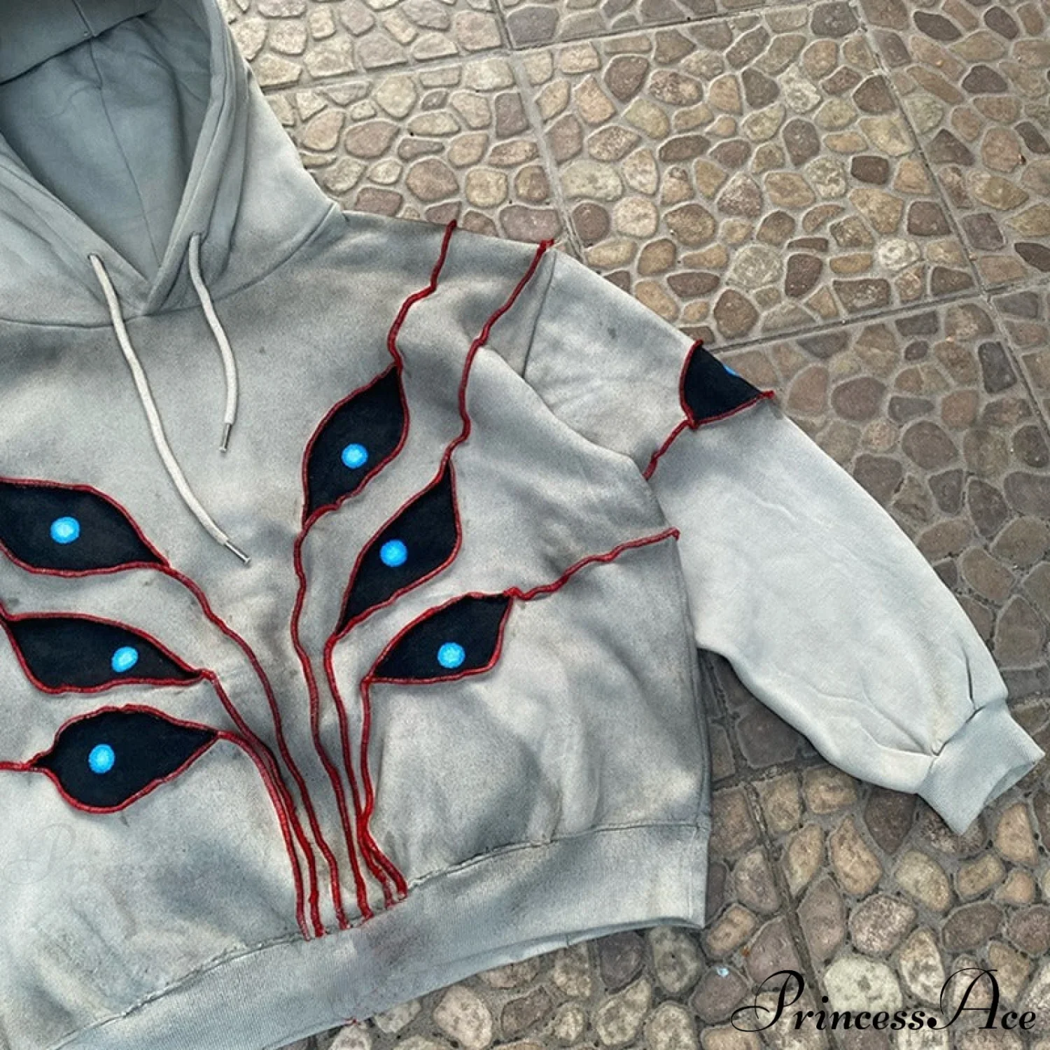 Hip-Hop Topstitch Eye Applique Hoodie - Image 3
