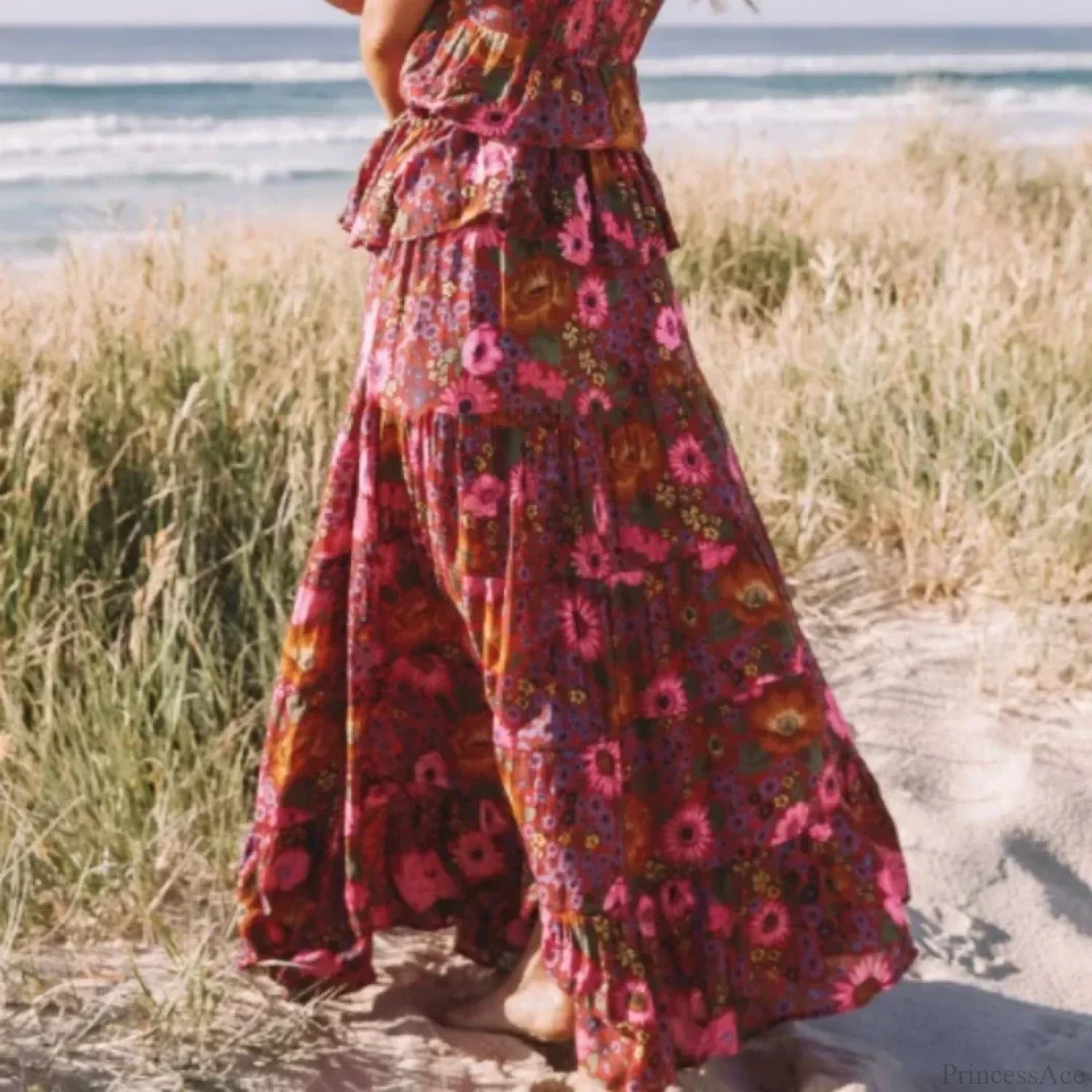 Hippie Fashion Women Beach Bohemian Red Floral A-Line Boho Skirt - Image 2
