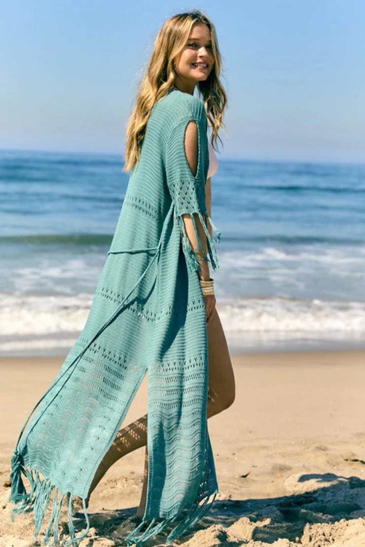 Hollow Knit Fringe Maxi Cover Up - Image 11