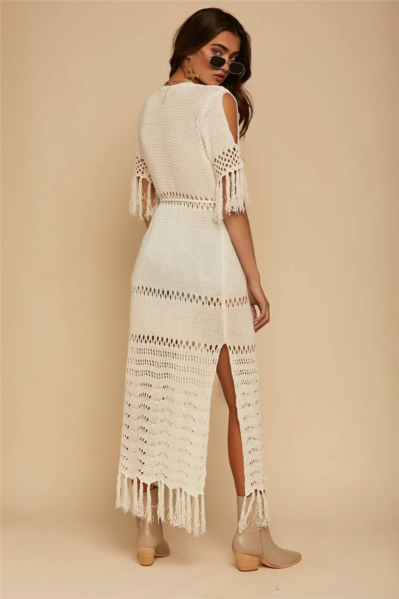 Hollow Knit Fringe Maxi Cover Up - Image 4