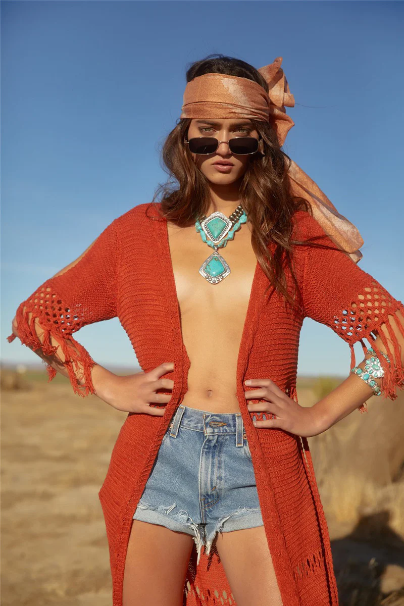 Hollow Knit Fringe Maxi Cover Up - Image 9