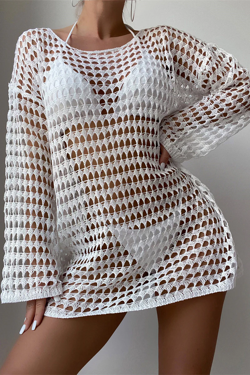 Hollow Knit Long Sleeve Bikini Cover Up - Image 3