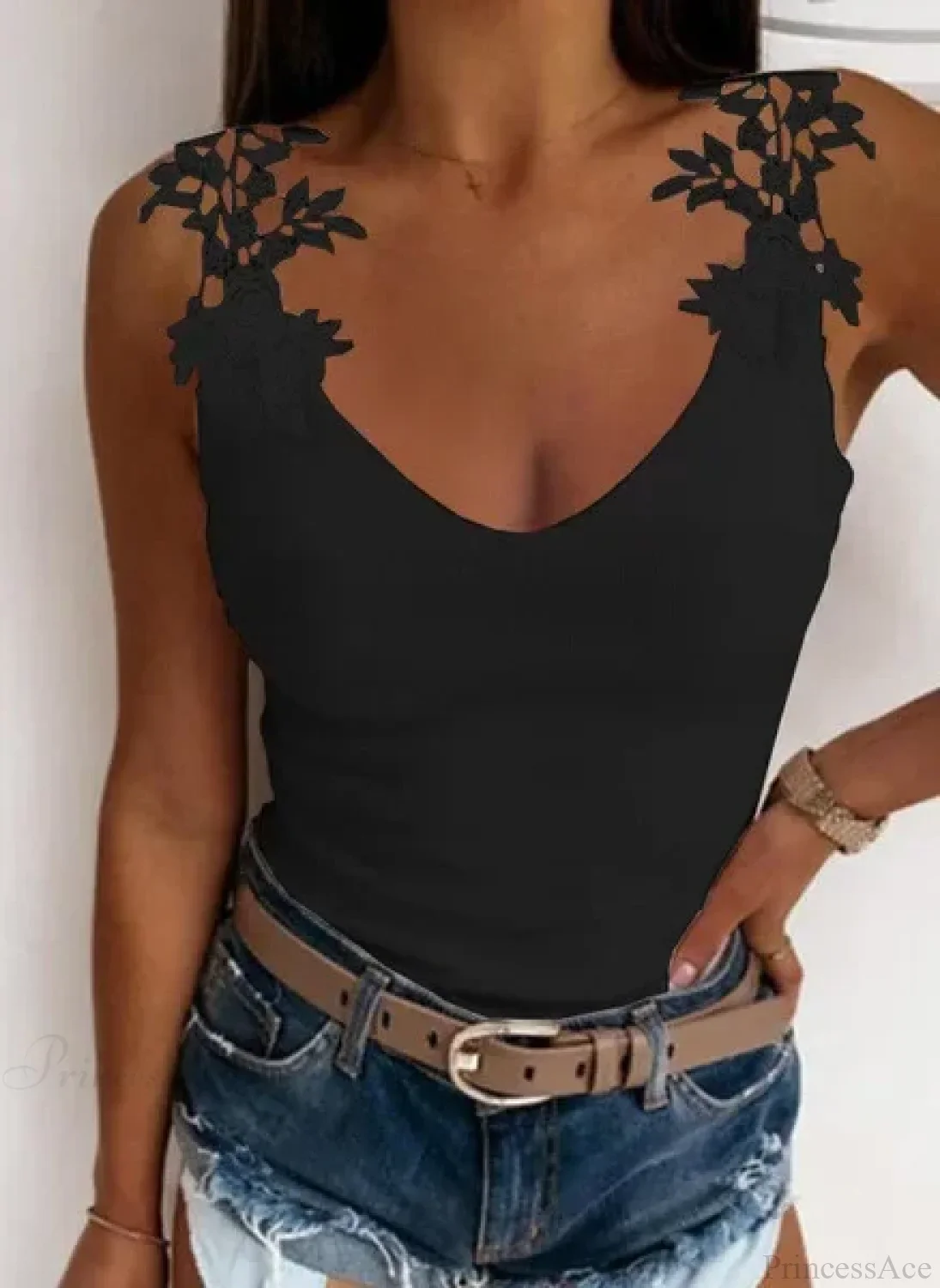 Hollow Lace Petal V-Neck Oversize Casual Slim Fit Tank Top - Image 2