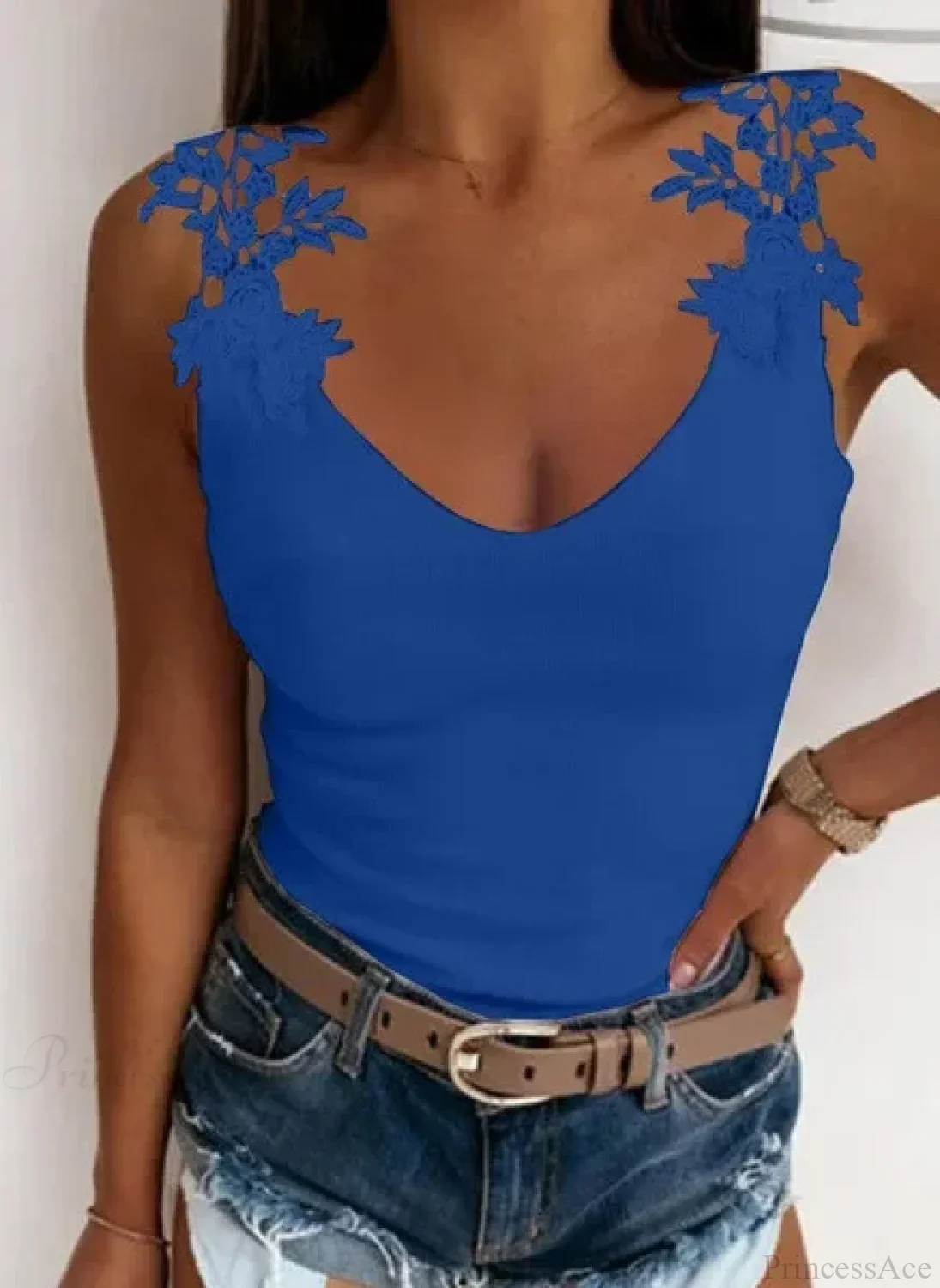 Hollow Lace Petal V-Neck Oversize Casual Slim Fit Tank Top - Image 5