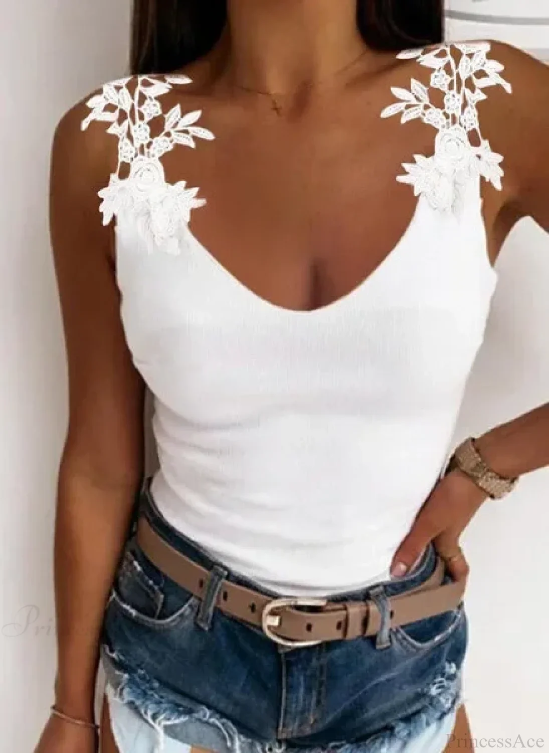 Hollow Lace Petal V-Neck Oversize Casual Slim Fit Tank Top - Image 6