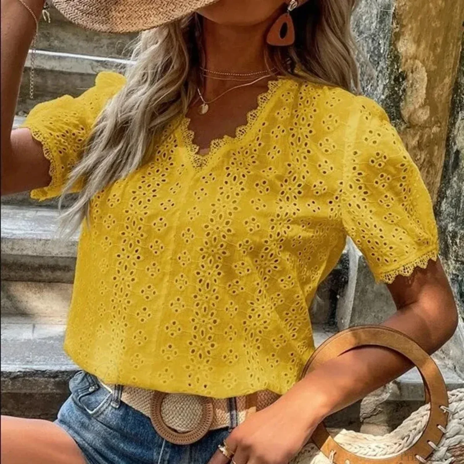 Hollow Lace Puff Sleeve V-neck Pullover Blouse - Image 6