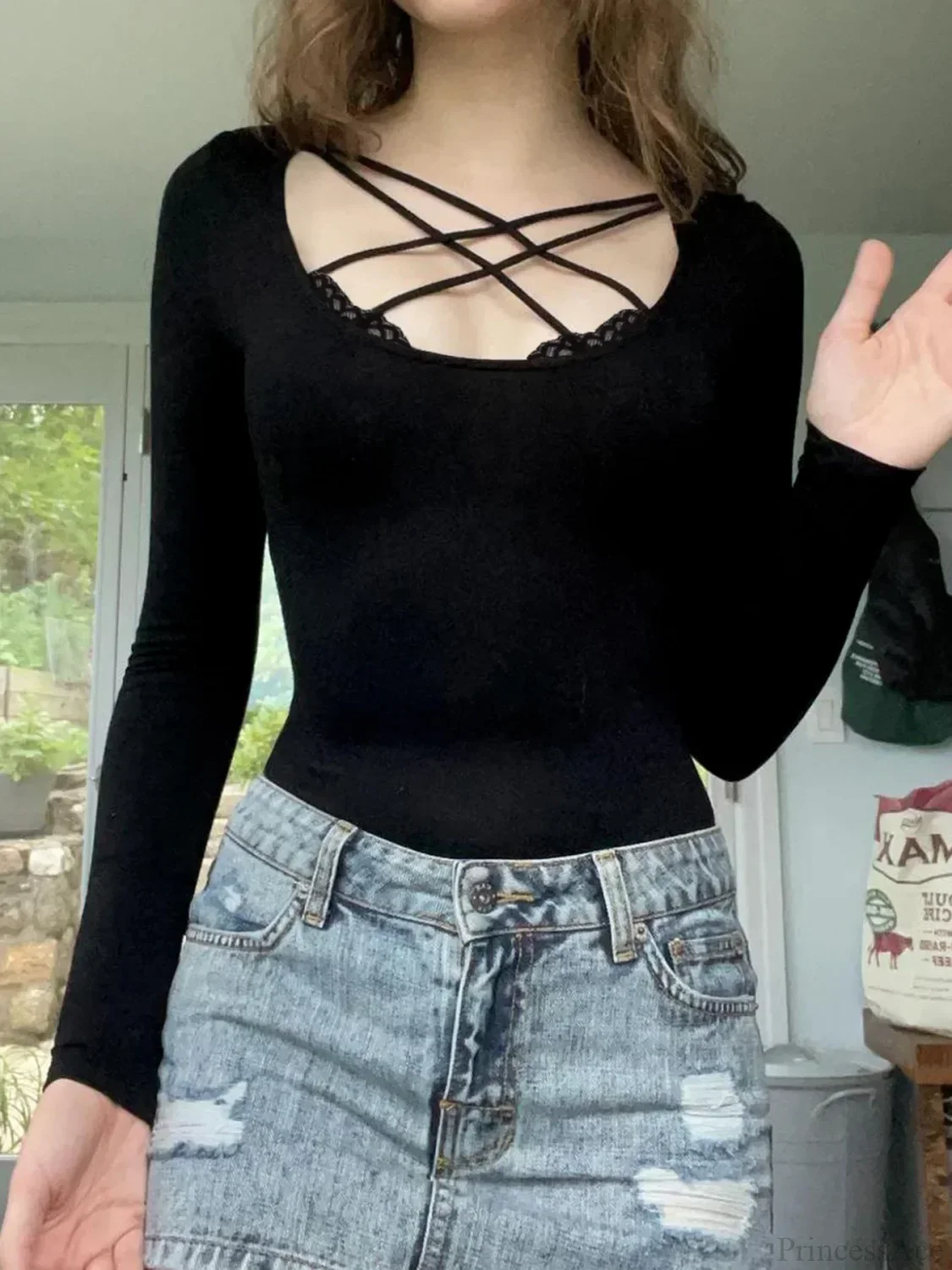 Hollow Lace Sleeve Knit Top - Image 2