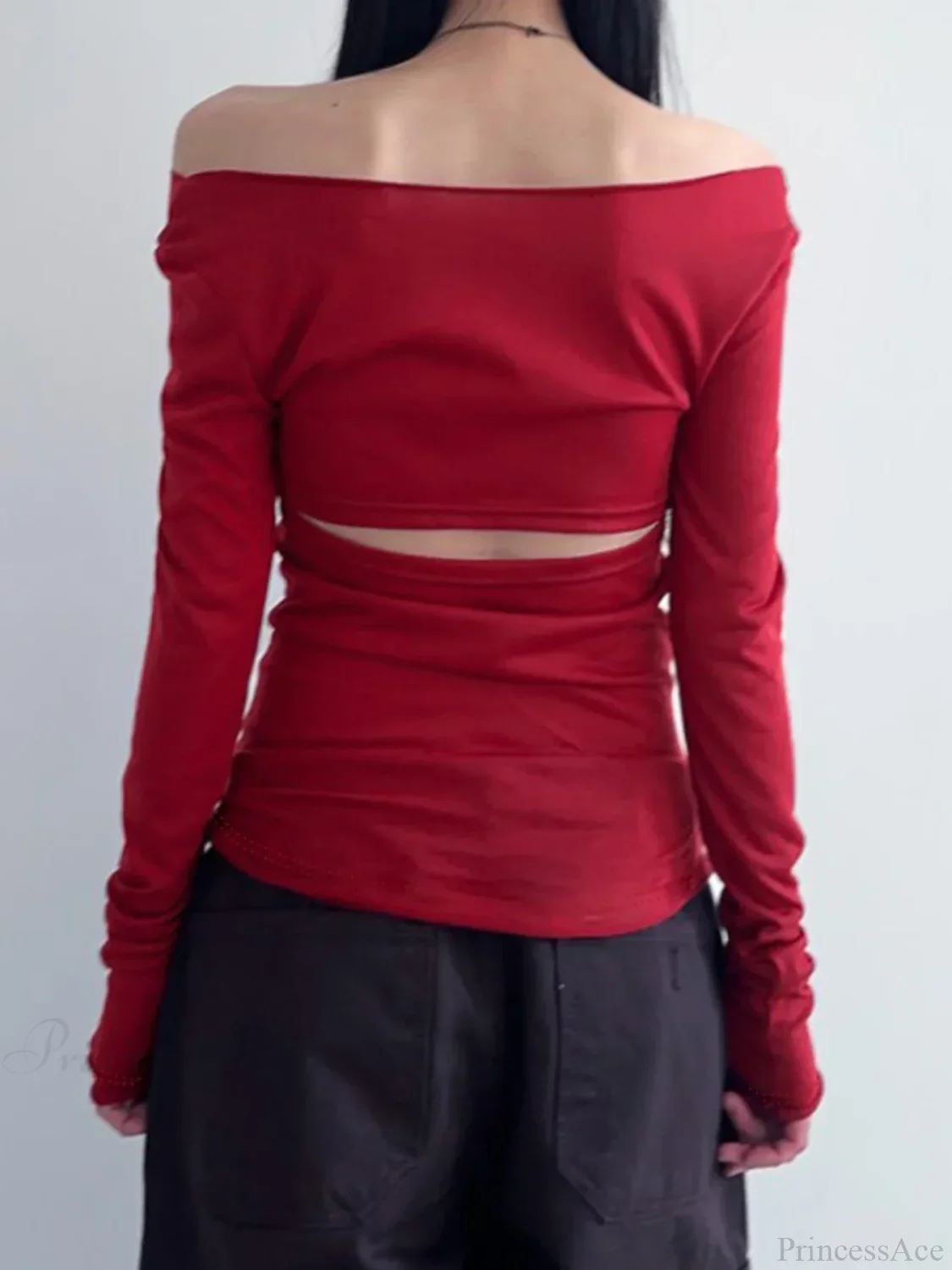 Hollow Out Bandage Slim Backless Slash Neck Long Sleeve Knit Top - Image 2