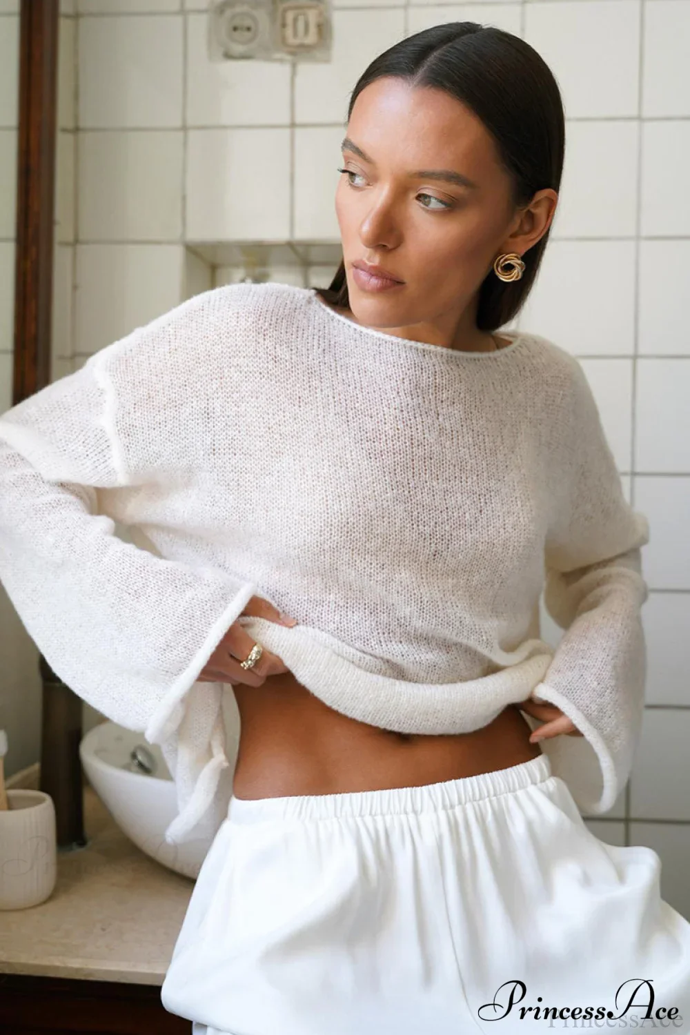 Hollow Out Bell Sleeve Knit Sweater - Image 3
