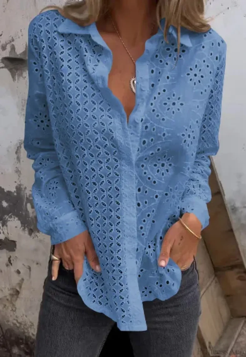 Hollow Out Cotton Floral Embroidery Long Sleeve Boho Blouse - Image 3