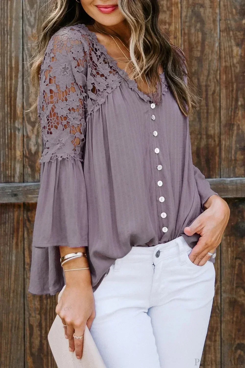Hollow Out Deep V-Neck Flare Sleeve Boho Blouse - Image 5