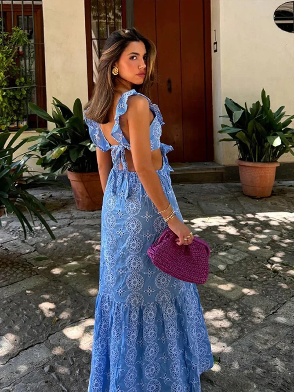 Hollow Out Embroidery Backless Ruffle Maxi Dress - Image 2