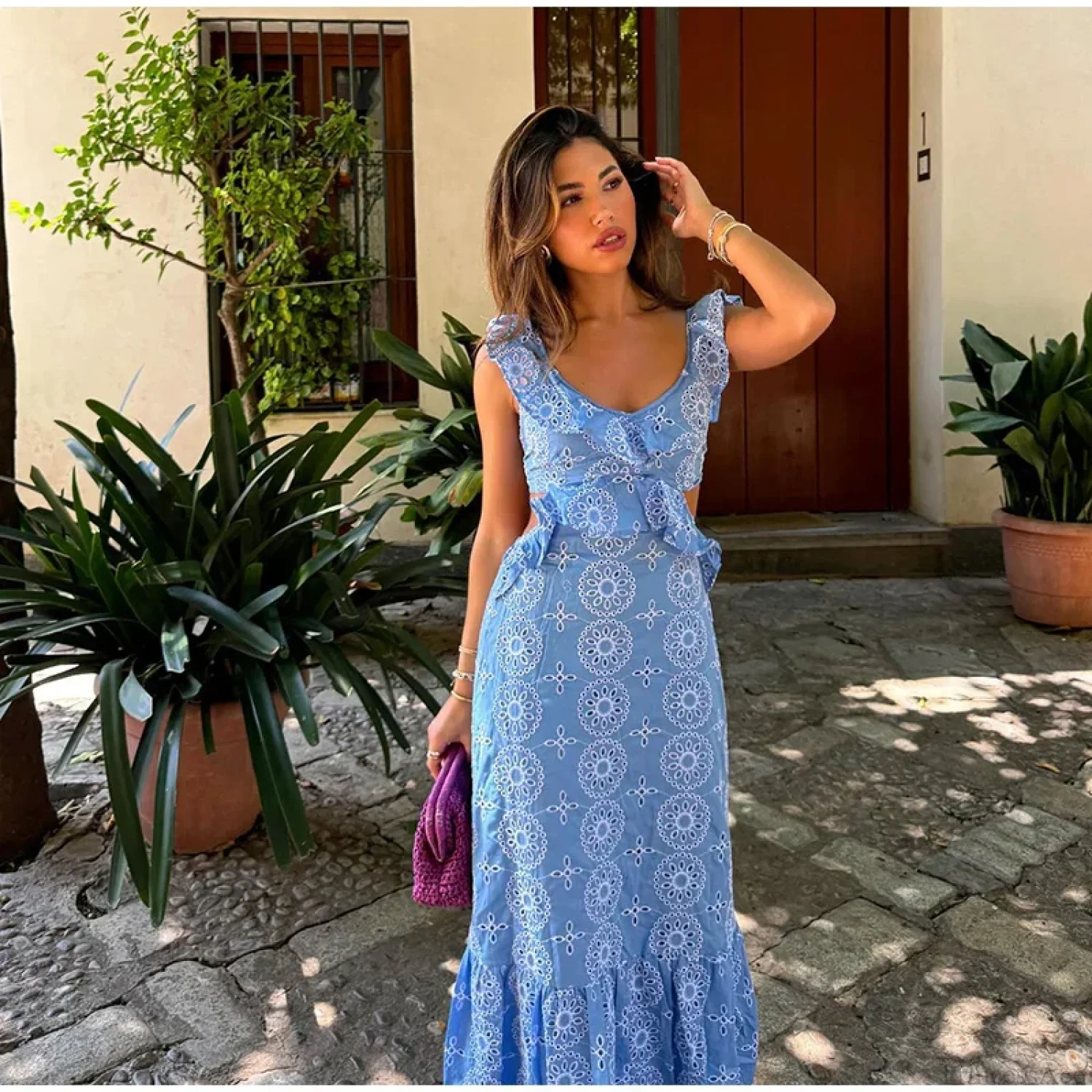 Hollow Out Embroidery Backless Ruffle Maxi Dress - Image 7