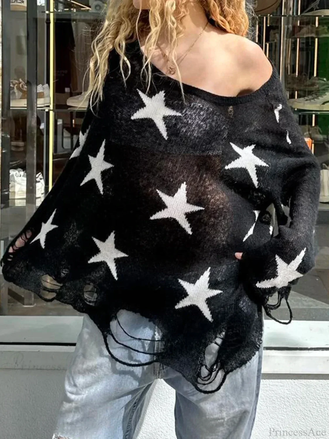 Hollow Out Knitted Gothic Crew Neck Long Sleeve Pullover Sweater - Image 3