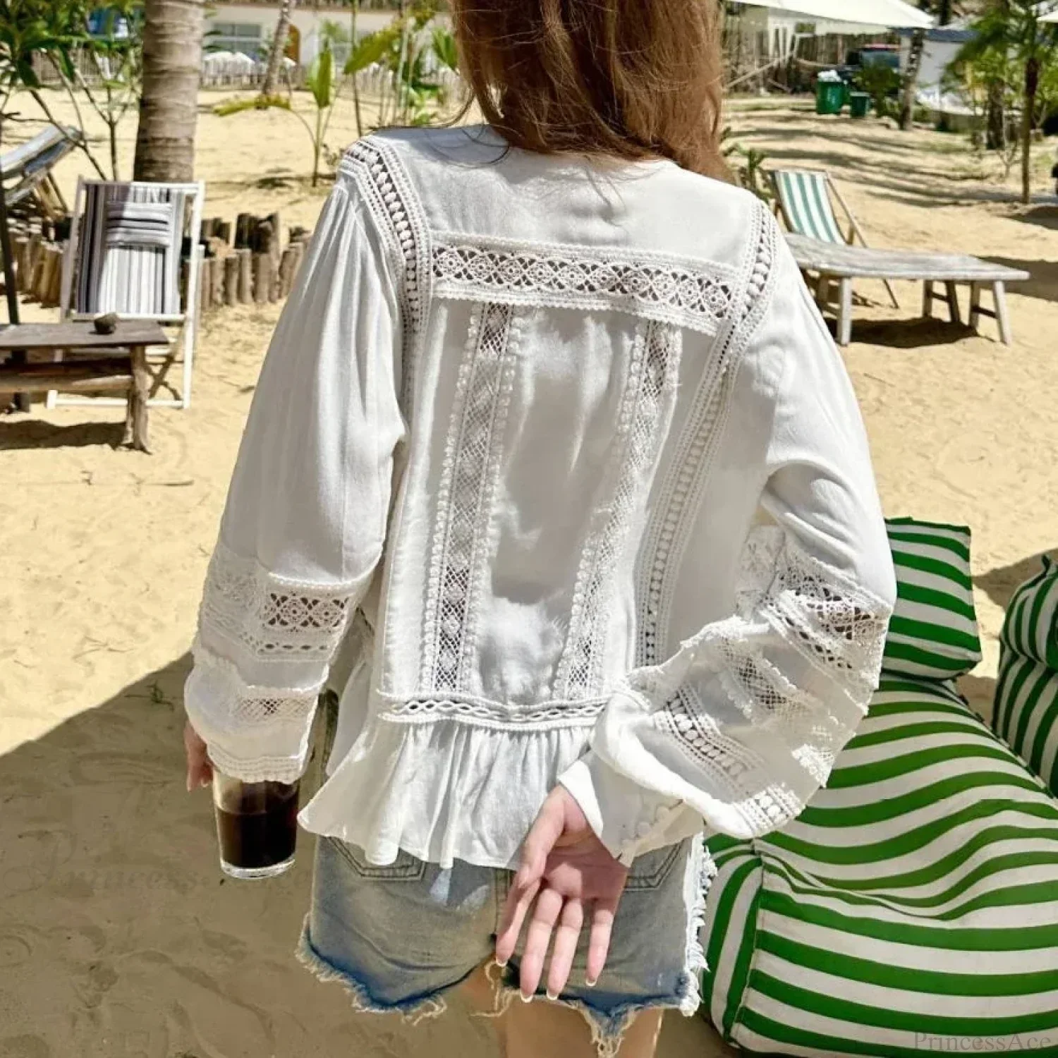 Hollow Out Lace Ethnic Long Sleeve Ruffles Boho Blouse - Image 2