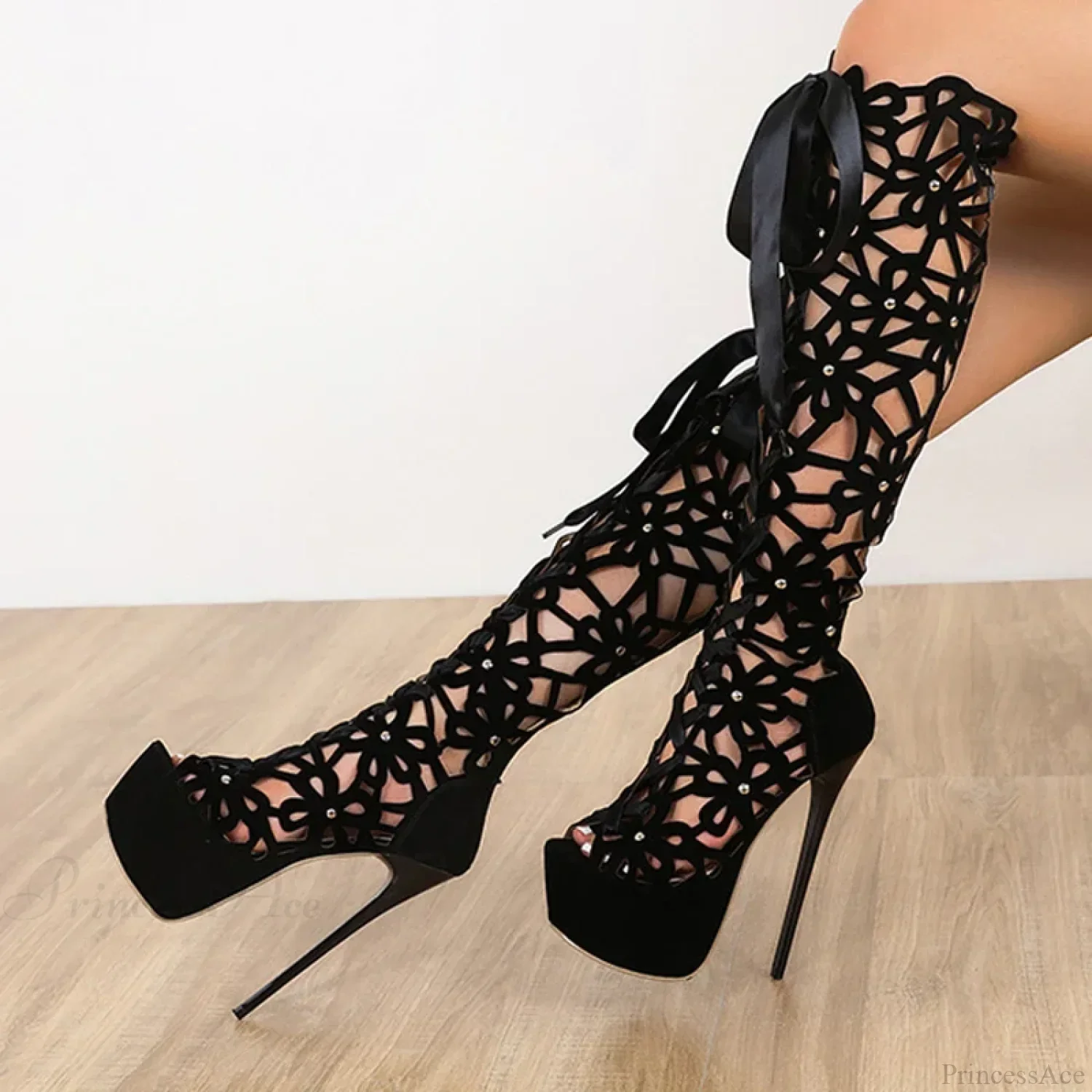 Hollow-Out Lace-Up Platform Knee-High Sexy Sandals Cross-Tie Peep-ToeFashionable High Heel - Image 2