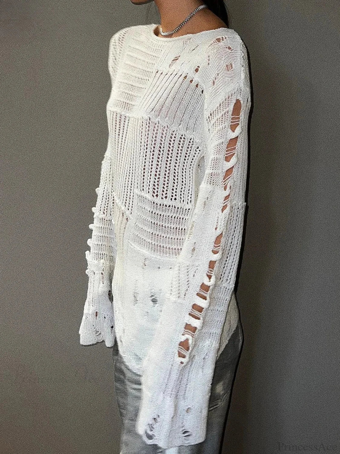 Hollow Out Loose O-Neck Long Sleeve Knitted Pullover Sweater - Image 2