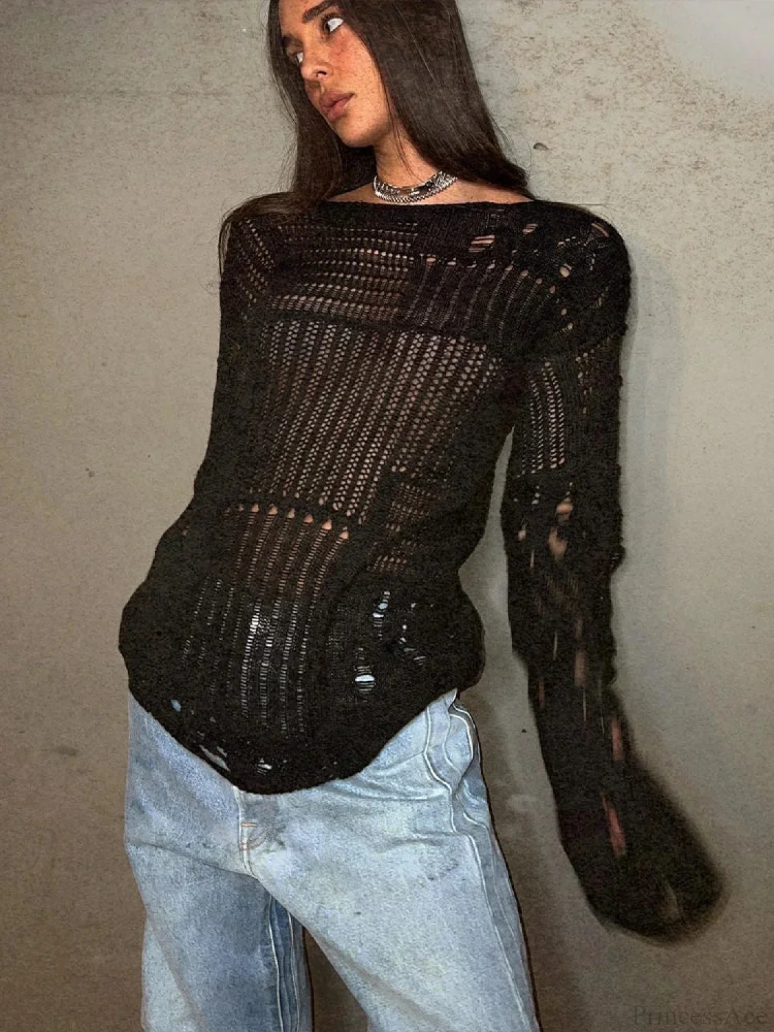 Hollow Out Loose O-Neck Long Sleeve Knitted Pullover Sweater - Image 3