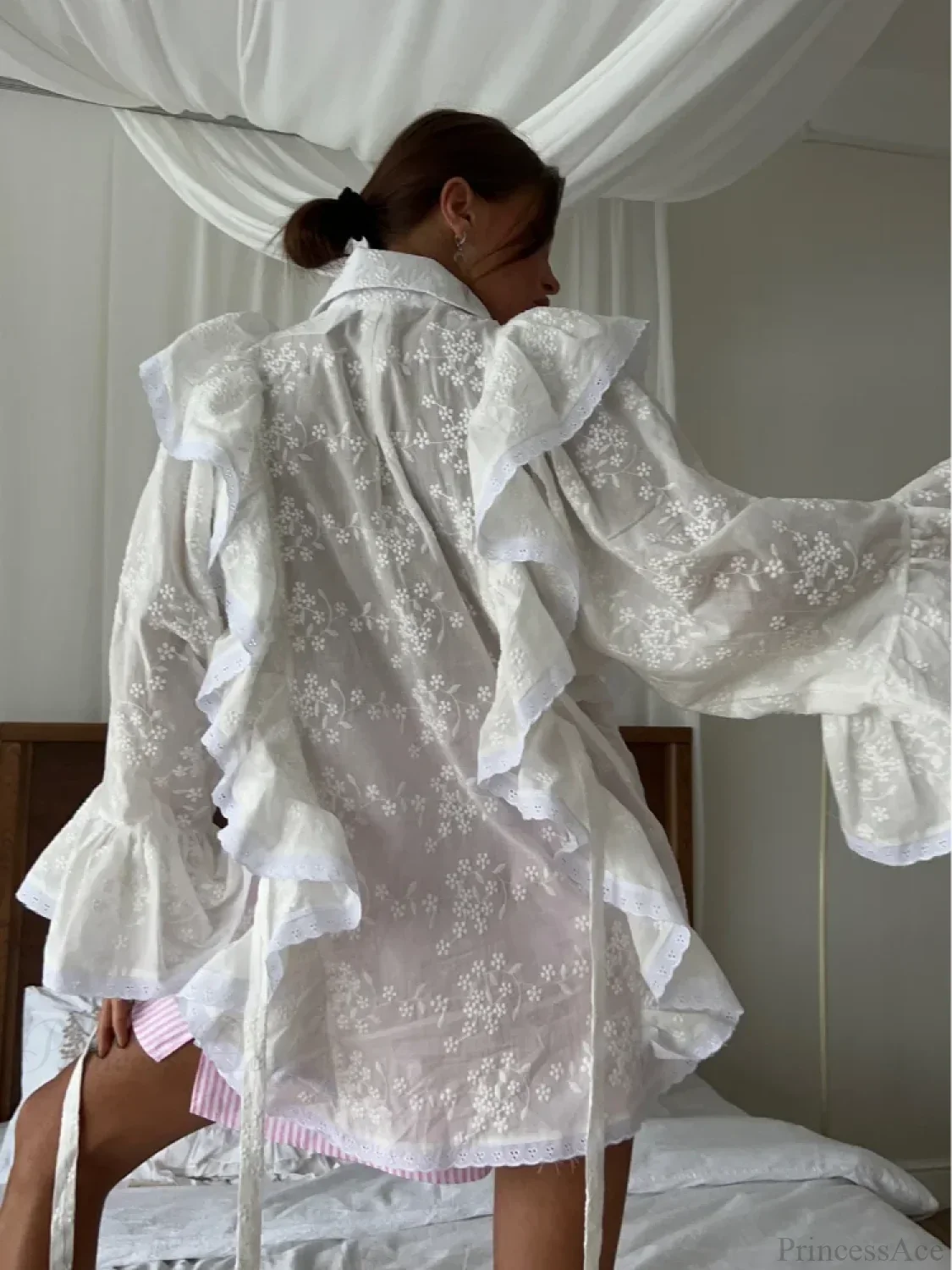 Hollow Out Lotus Leaf Edge White Blouse - Image 2