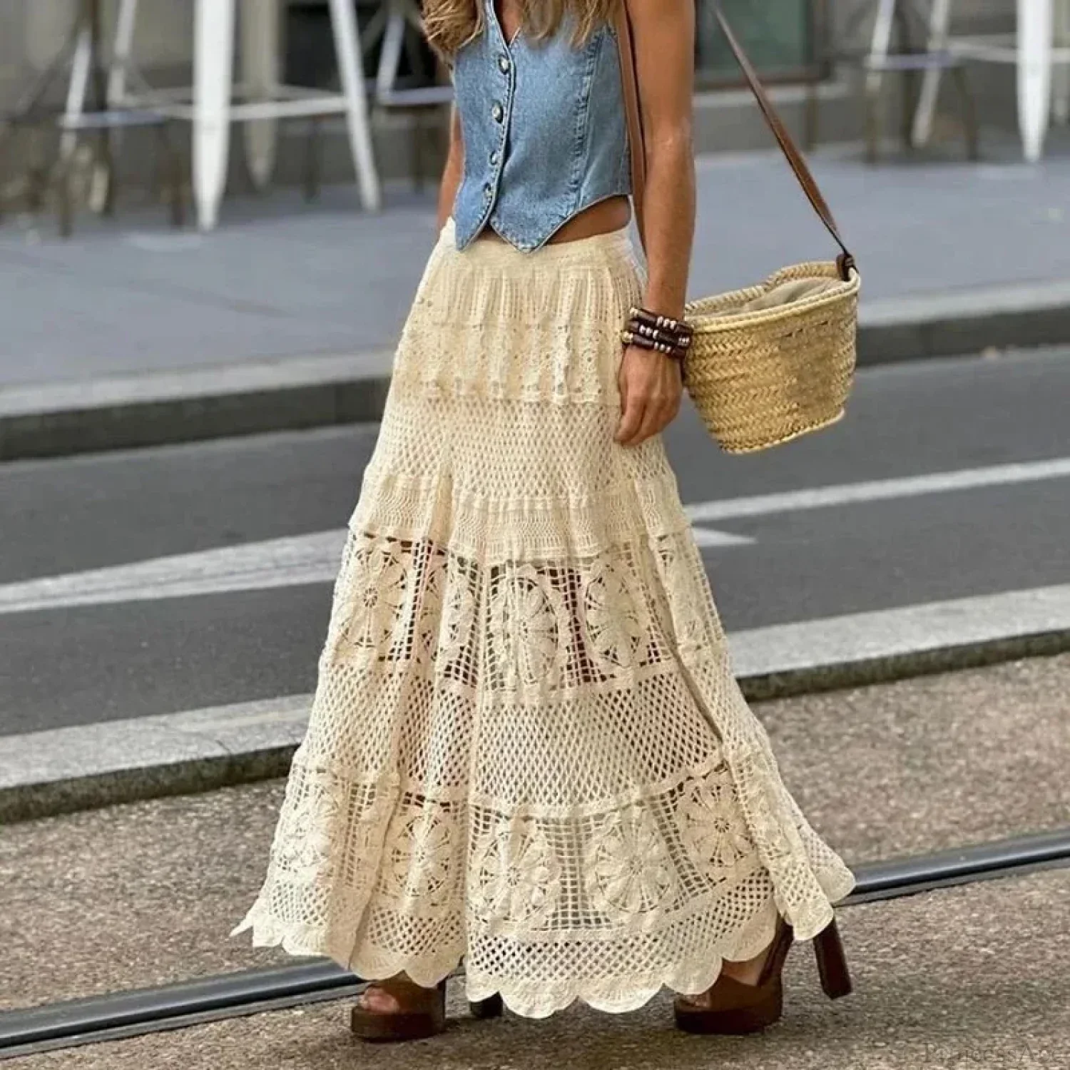 Hollow Out Maxi Skirt Solid Color A-line Hook Romantic Holiday