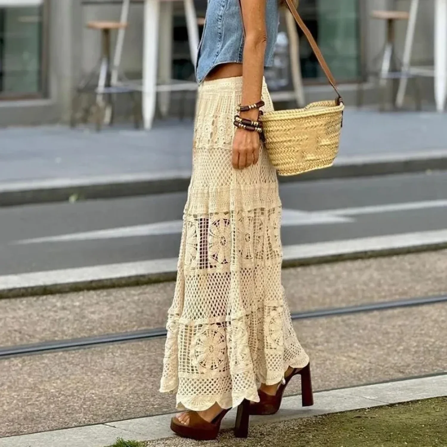Hollow Out Maxi Skirt Solid Color A-line Hook Romantic Holiday - Image 3
