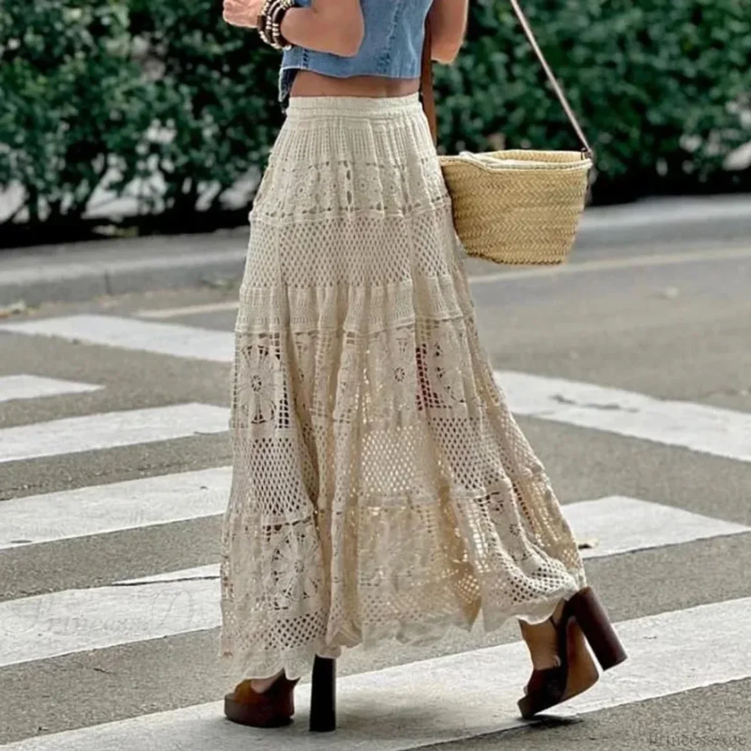 Hollow Out Maxi Skirt Solid Color A-line Hook Romantic Holiday - Image 4