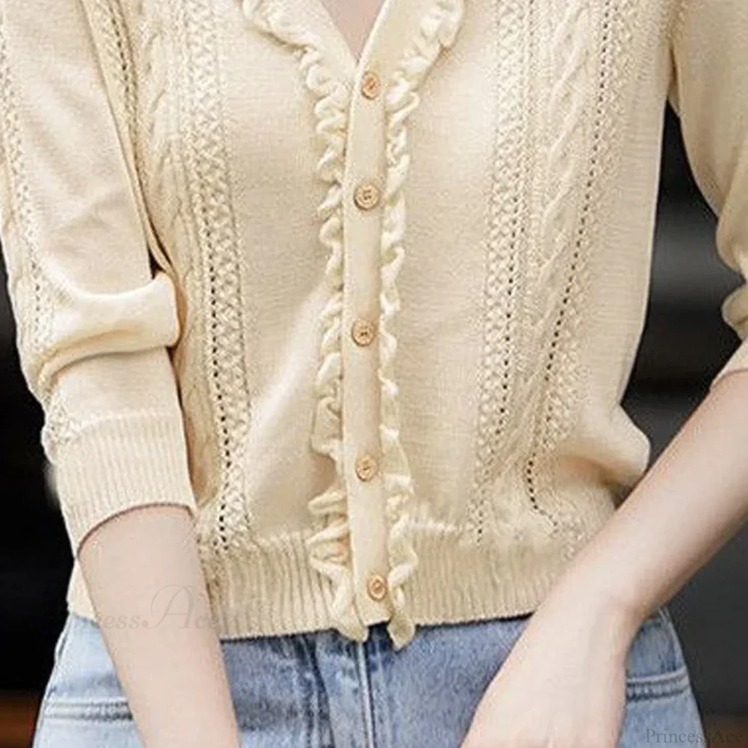 Hollow Out V-Neck Button Knit Cardigan - Image 3