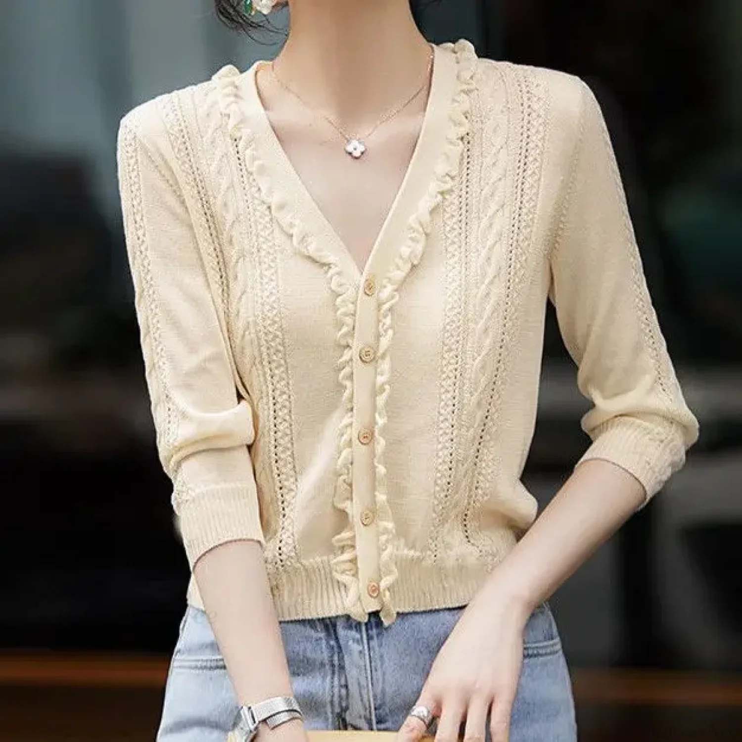 Hollow Out V-Neck Button Knit Cardigan - Image 5