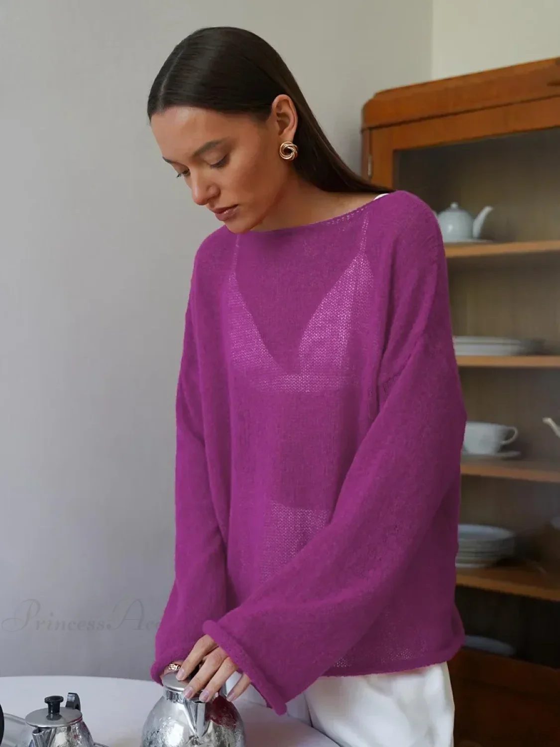 Hollow See-through O-neck Long Sleeve Sweater - Image 10