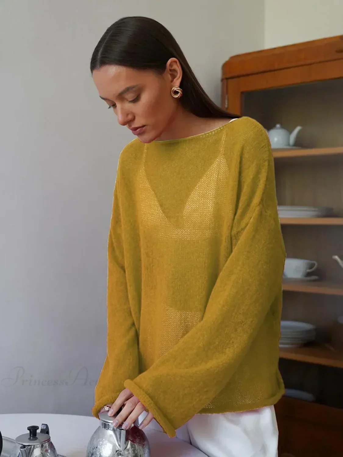 Hollow See-through O-neck Long Sleeve Sweater - Image 11