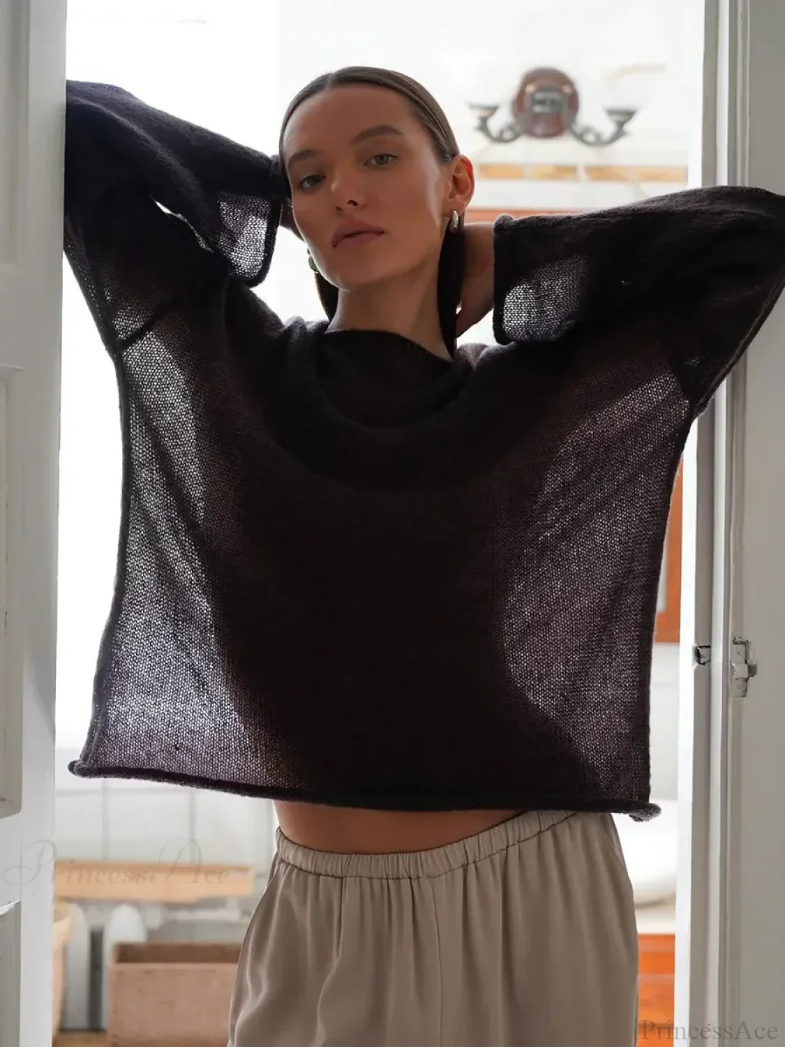Hollow See-through O-neck Long Sleeve Sweater - Image 12