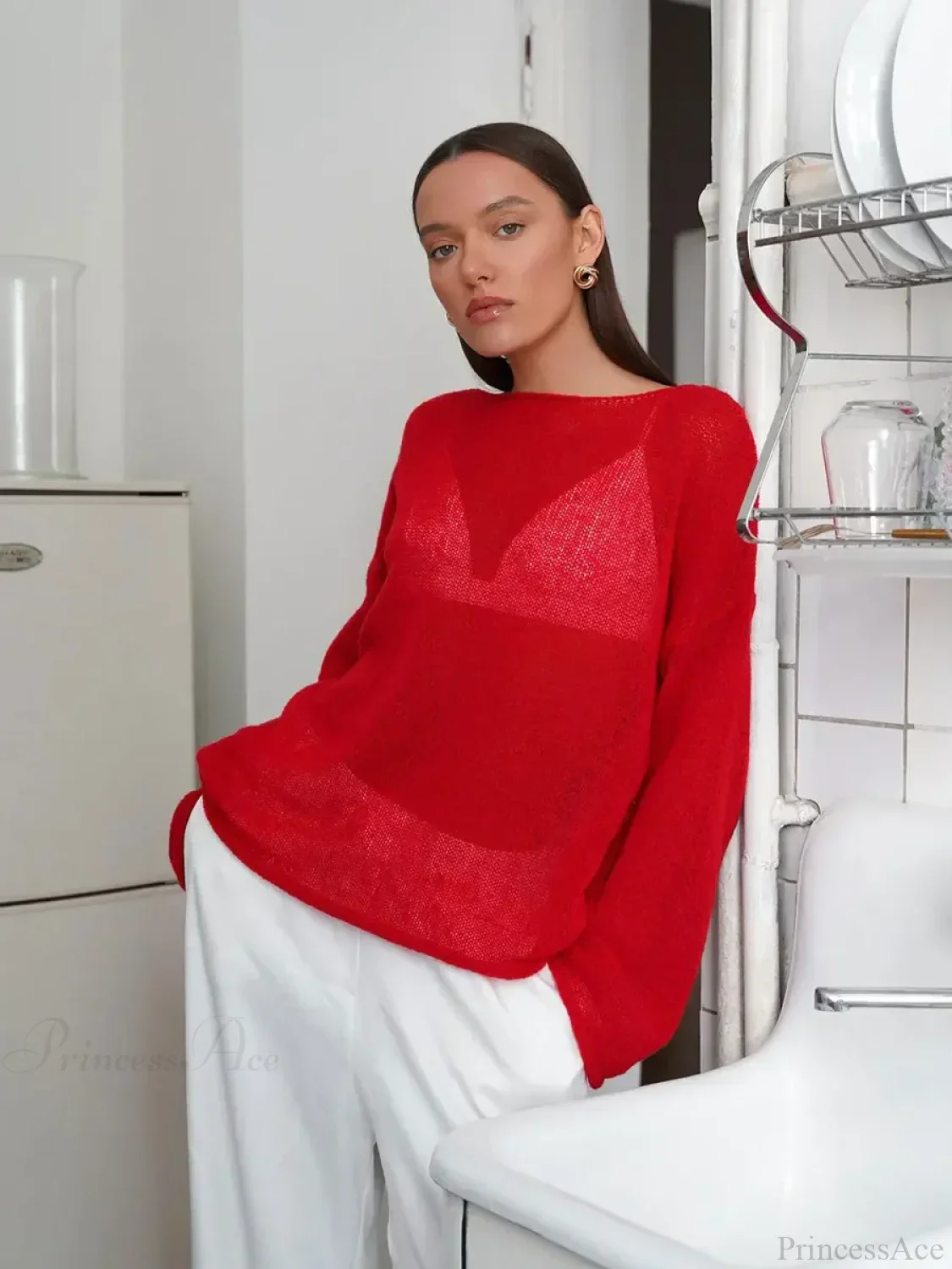Hollow See-through O-neck Long Sleeve Sweater - Image 14
