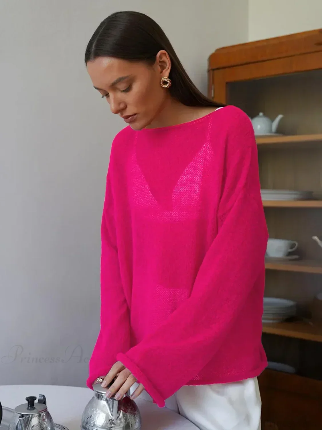 Hollow See-through O-neck Long Sleeve Sweater - Image 16