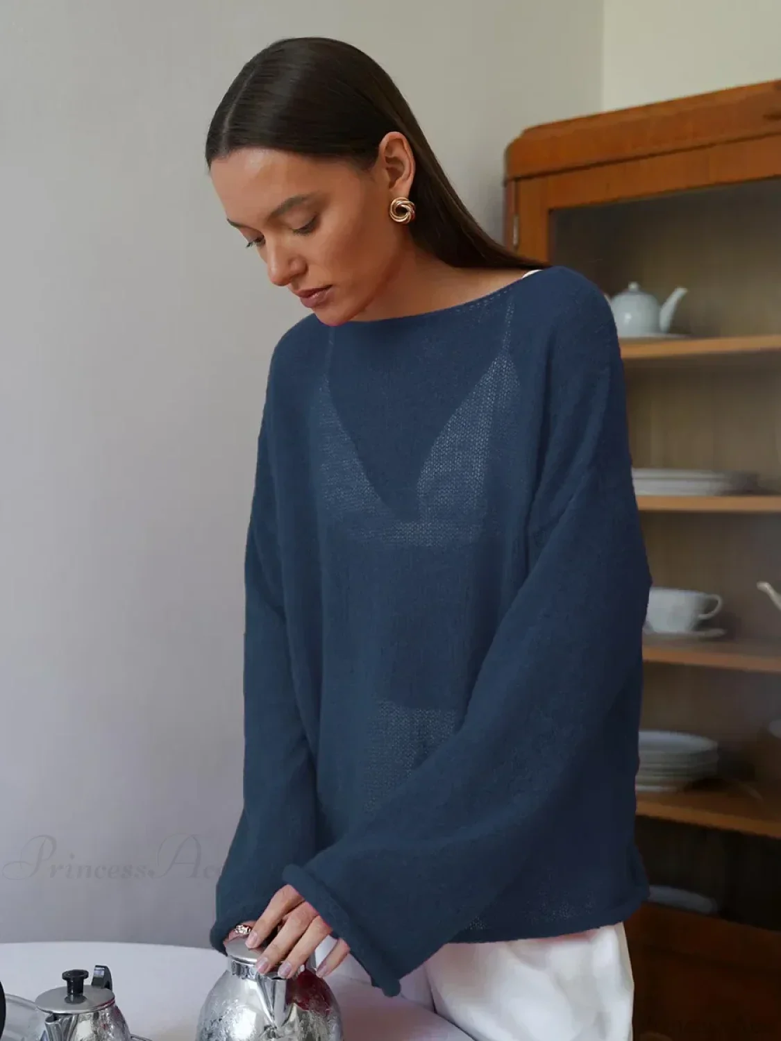 Hollow See-through O-neck Long Sleeve Sweater - Image 17