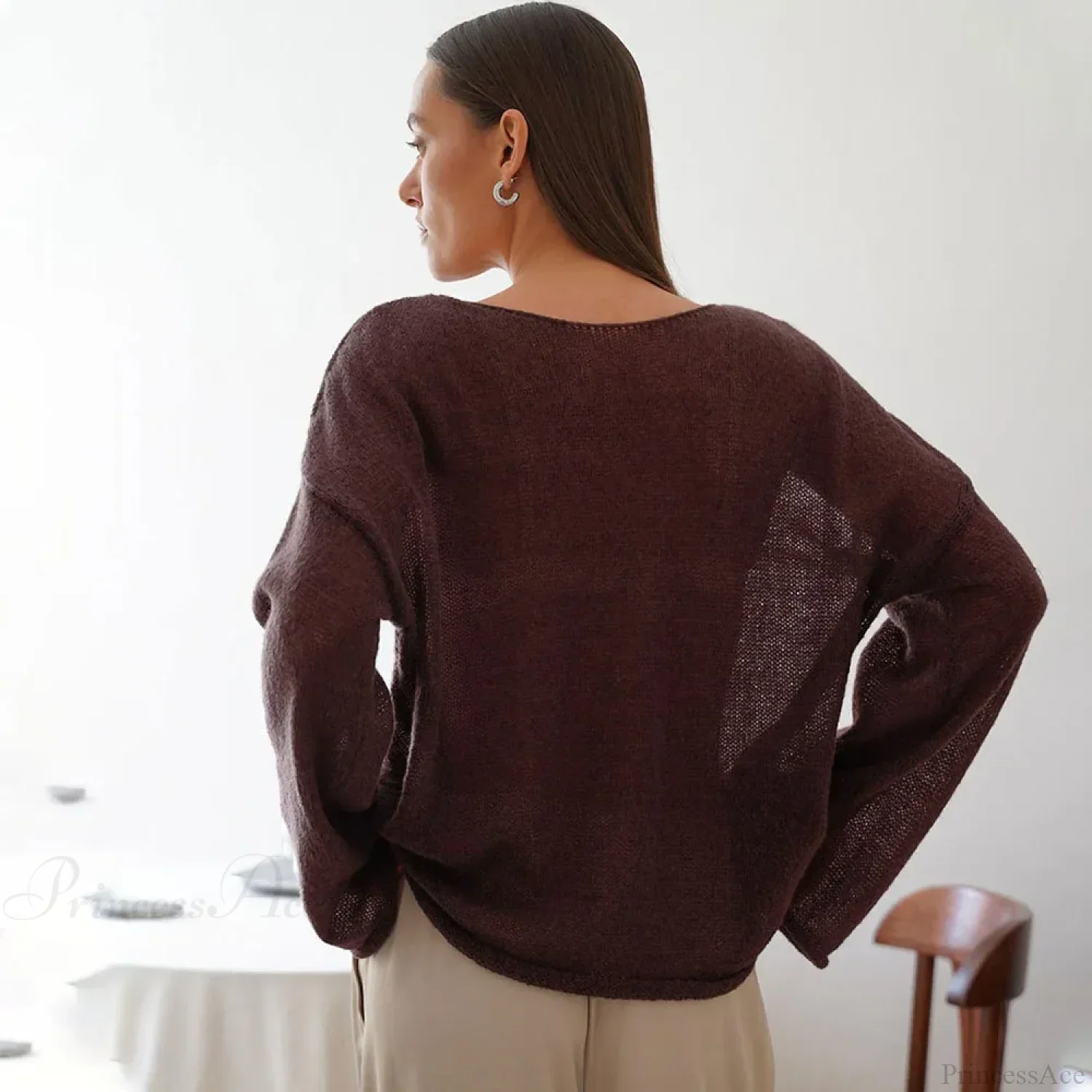 Hollow See-through O-neck Long Sleeve Sweater - Image 4