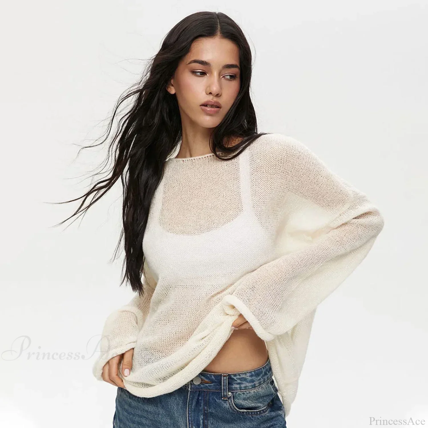 Hollow See-through O-neck Long Sleeve Sweater - Image 5